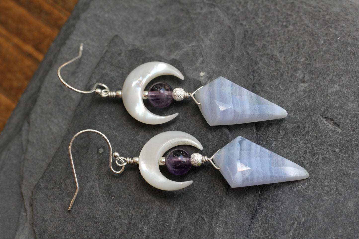 Blue Lace Agate Mother of Pearl Amethyst Crescent Moon Earrings