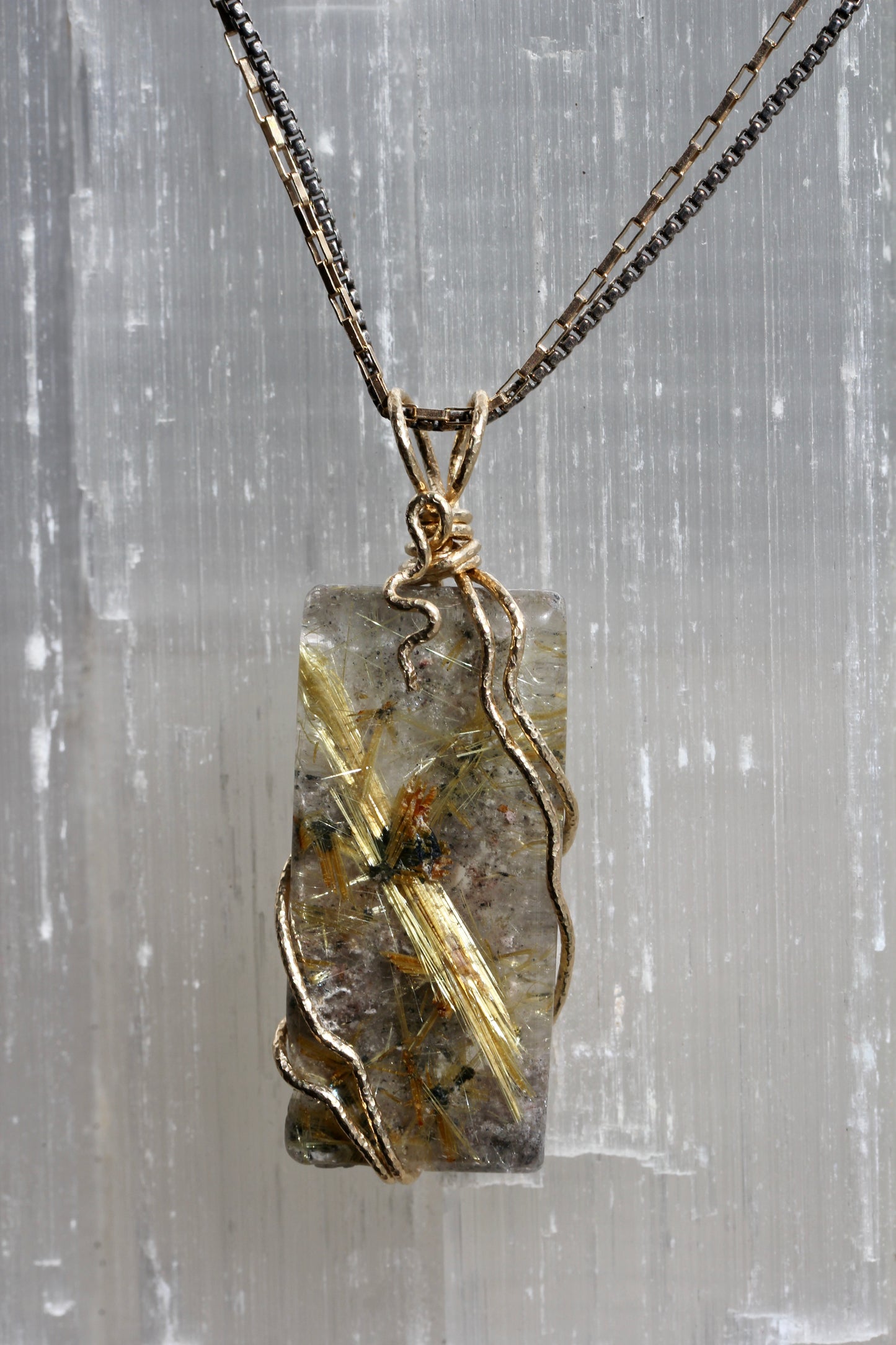 Rutilated Quartz Tile Gold Wrap Necklace