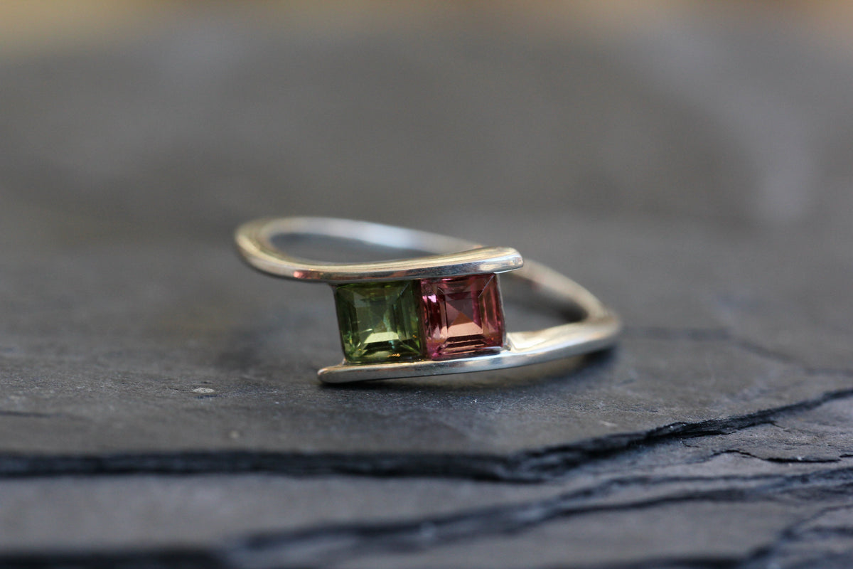 Pink and Green Tourmaline Princess Cut Ring