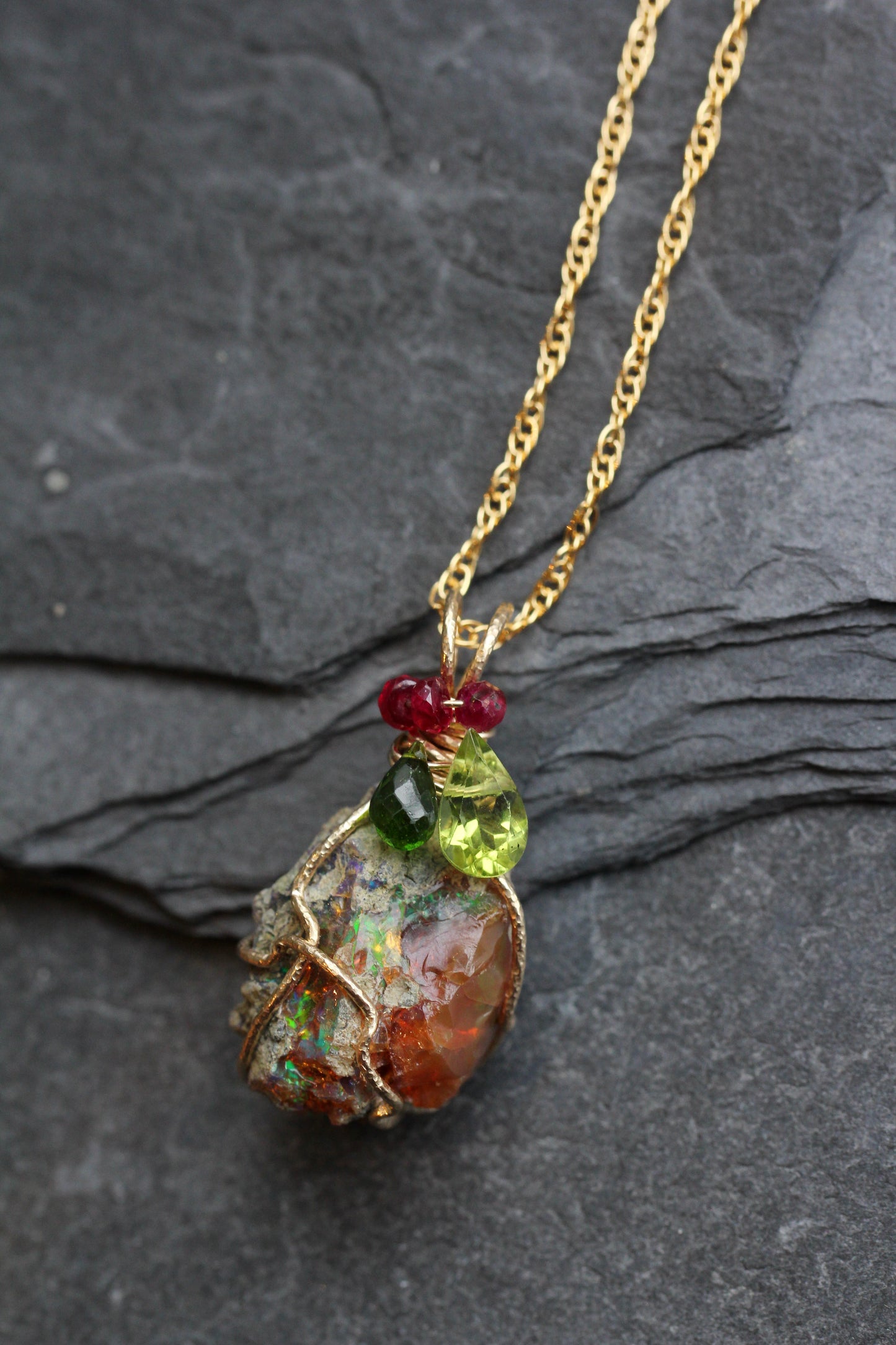Rough Opal with Diopside, Peridot and Ruby Pendant
