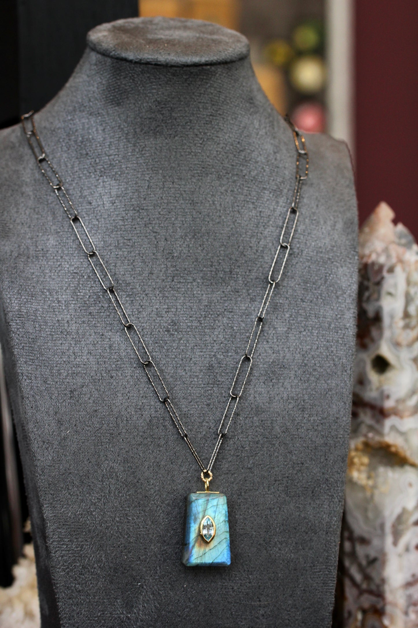 Labradorite Blue Topaz Encrusted Paperclip Chain Necklace