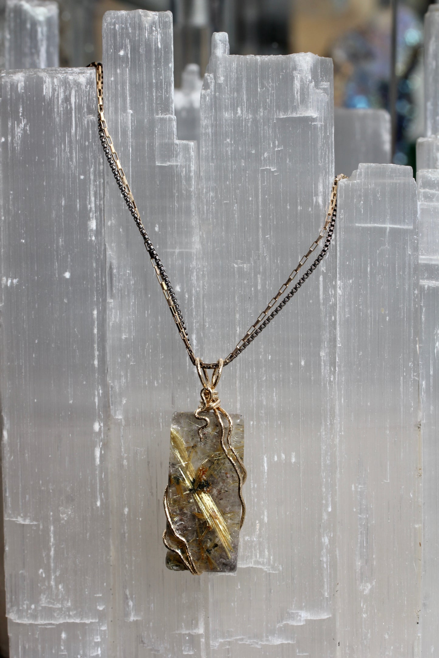 Rutilated Quartz Tile Gold Wrap Necklace