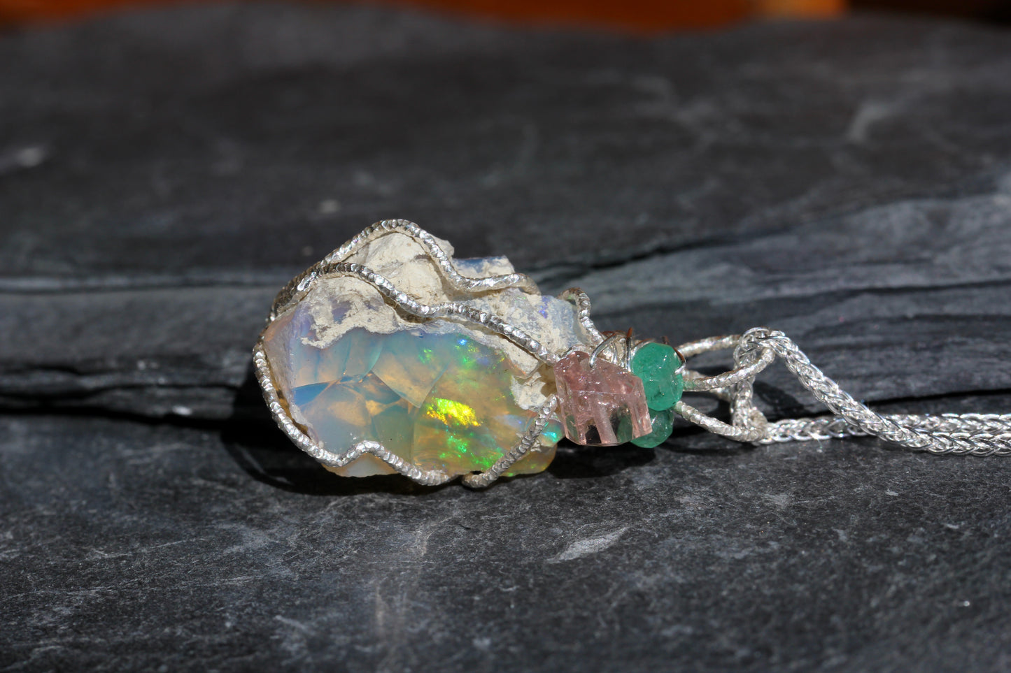 Rough Opal Tourmaline Emerald Pendant