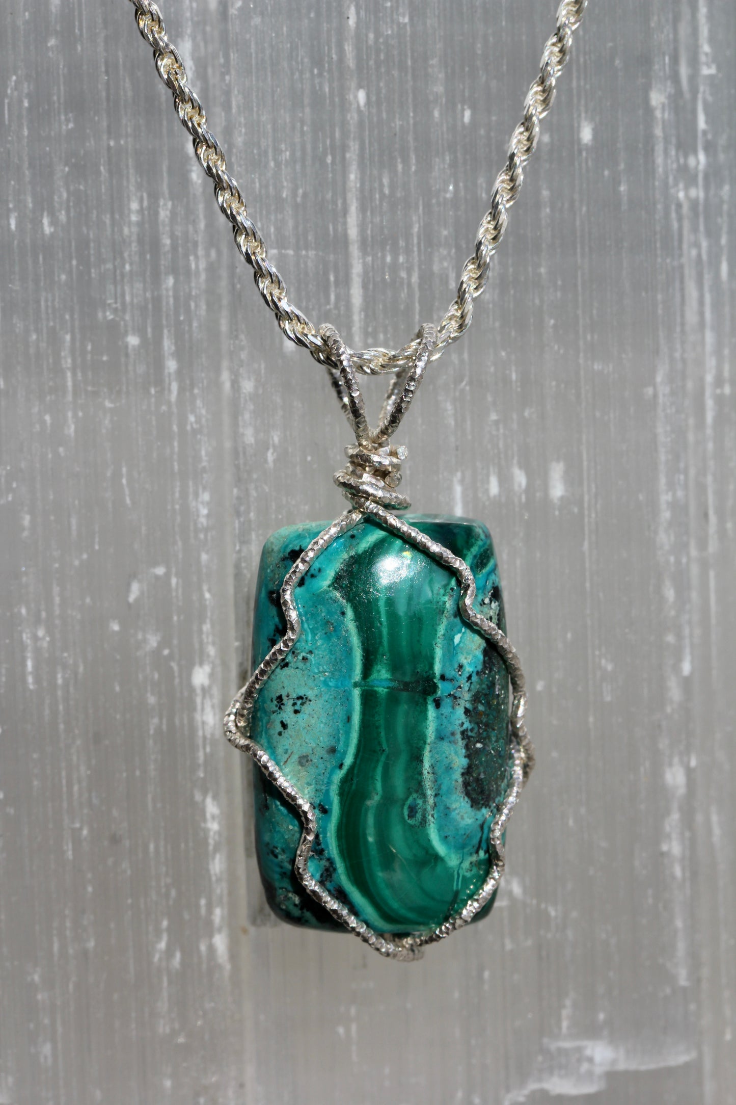 Chrysocolla Malachite Silver Wrap Pendant