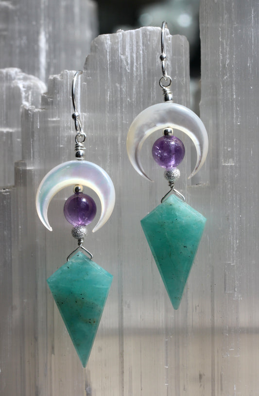 Amazonite Amethyst Mother of Pearl Moon Earrings