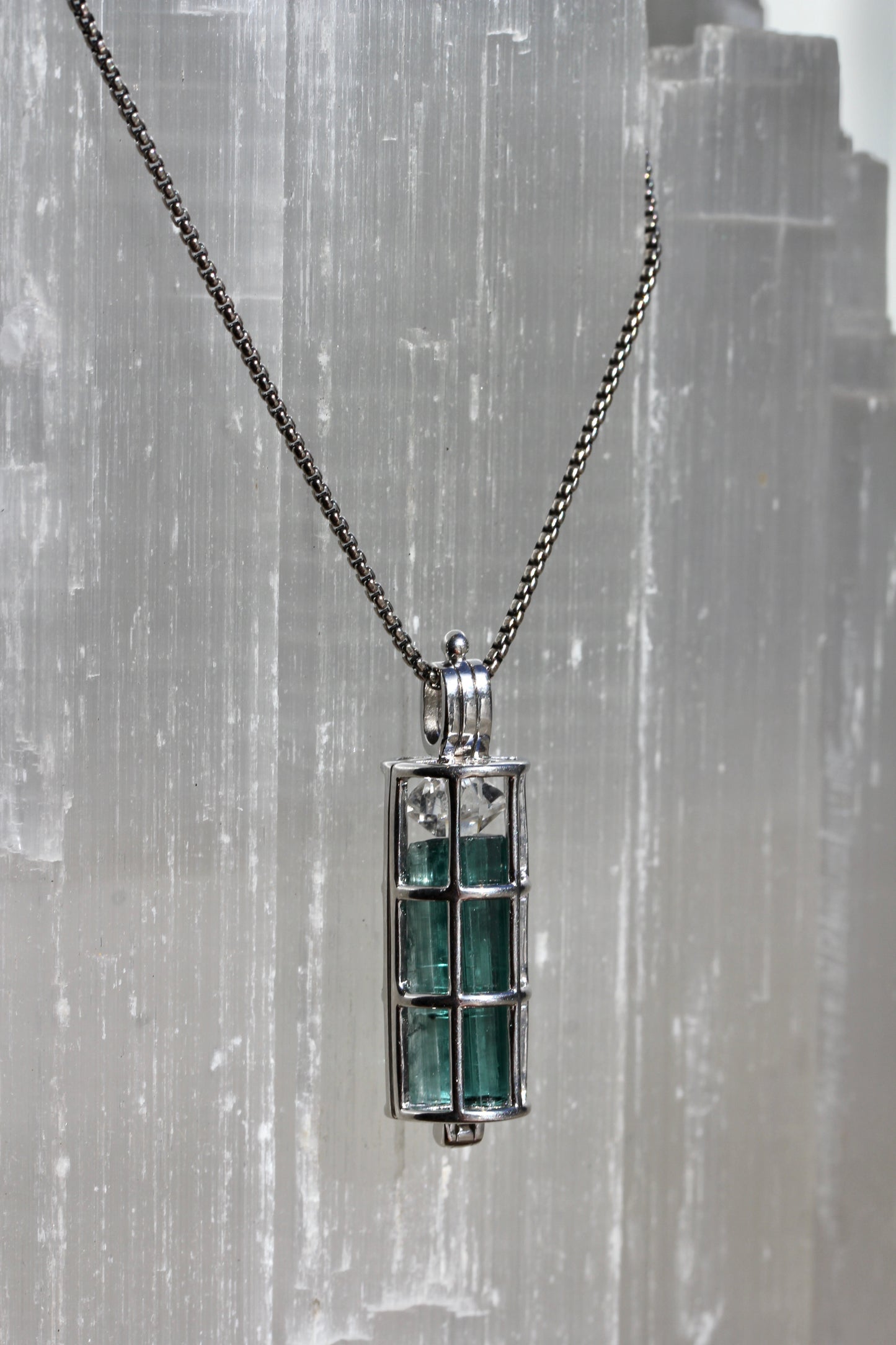 Indicolite Tourmaline Herkimer Diamond Cage Necklace