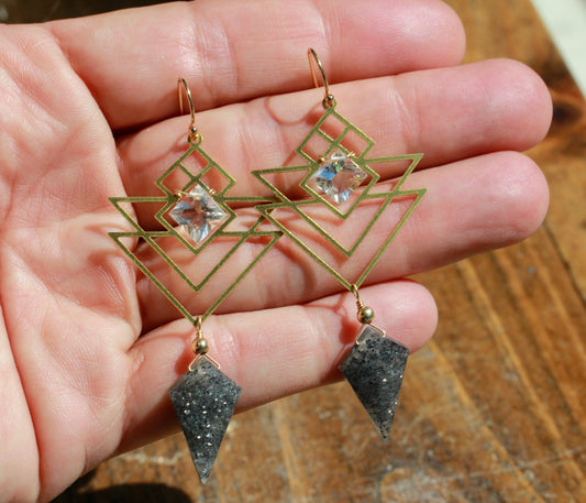 Black Sunstone Quartz Geometric Earrings