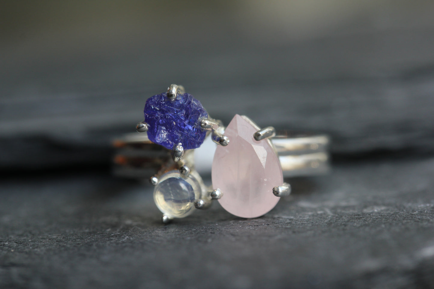 Rose Quartz Tanzanite Rainbow Moonstone Ring