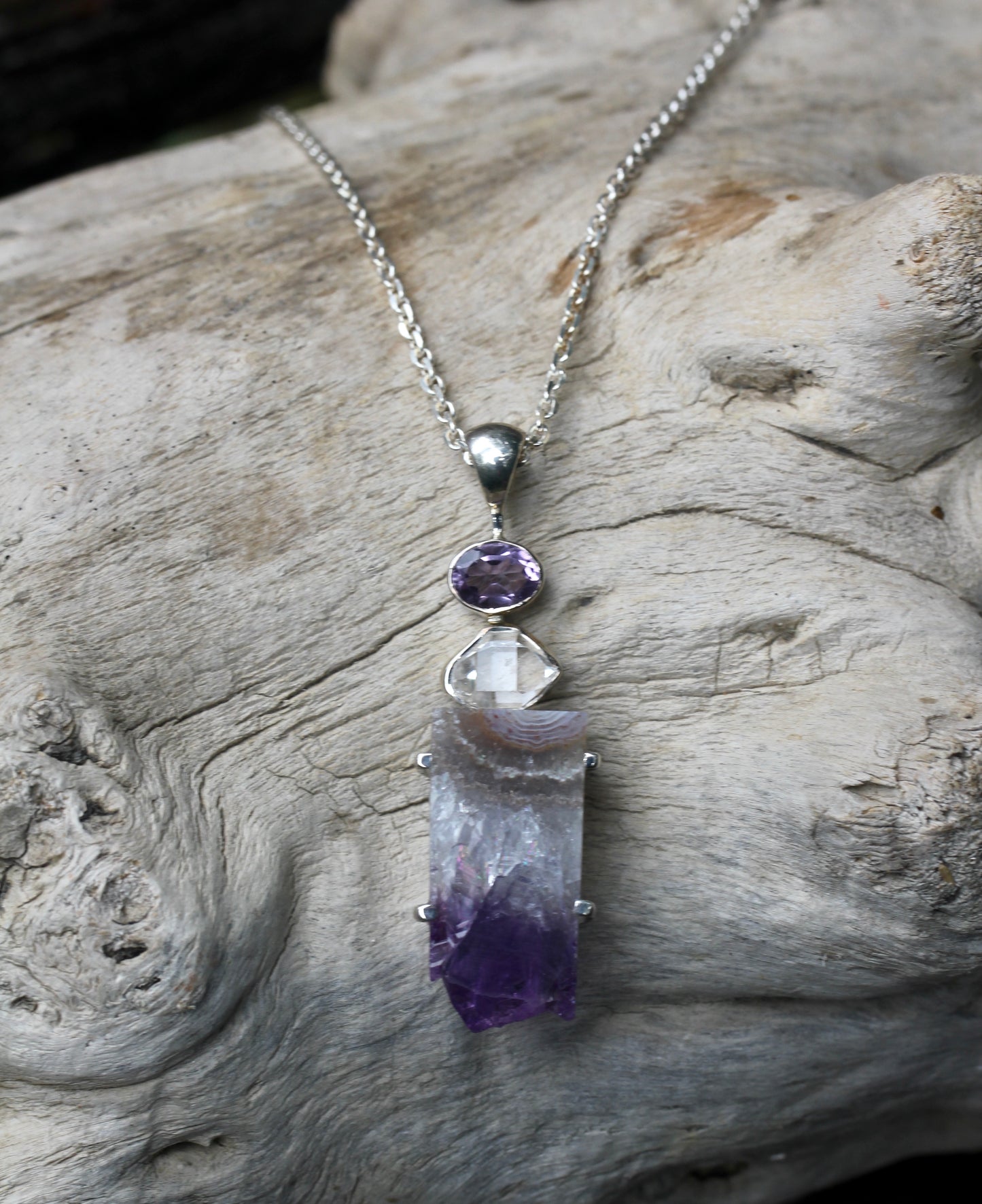 Amethyst Slice Herkimer Diamond Pendant