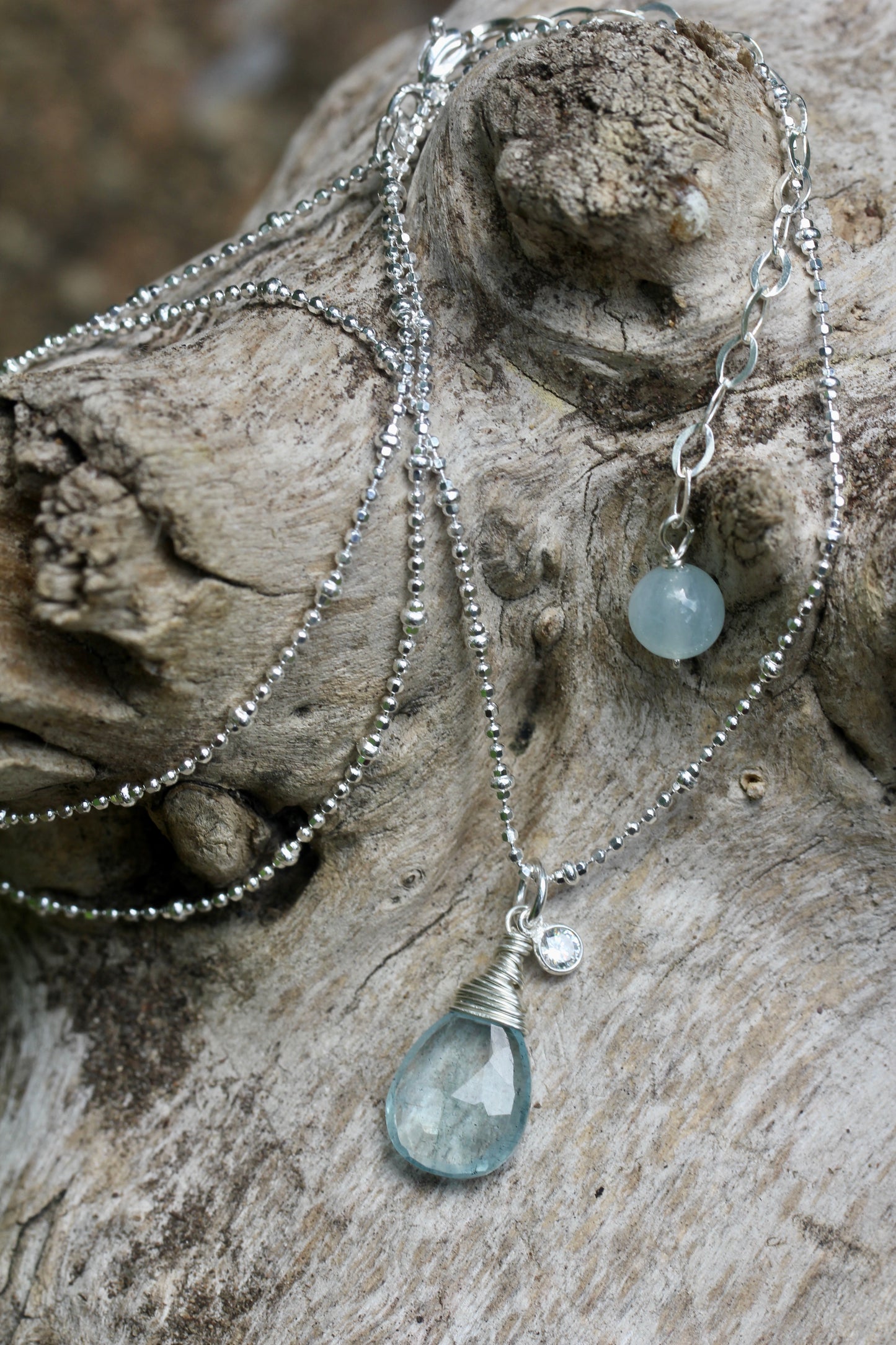 Aquamarine CZ Silver Teardrop Necklace