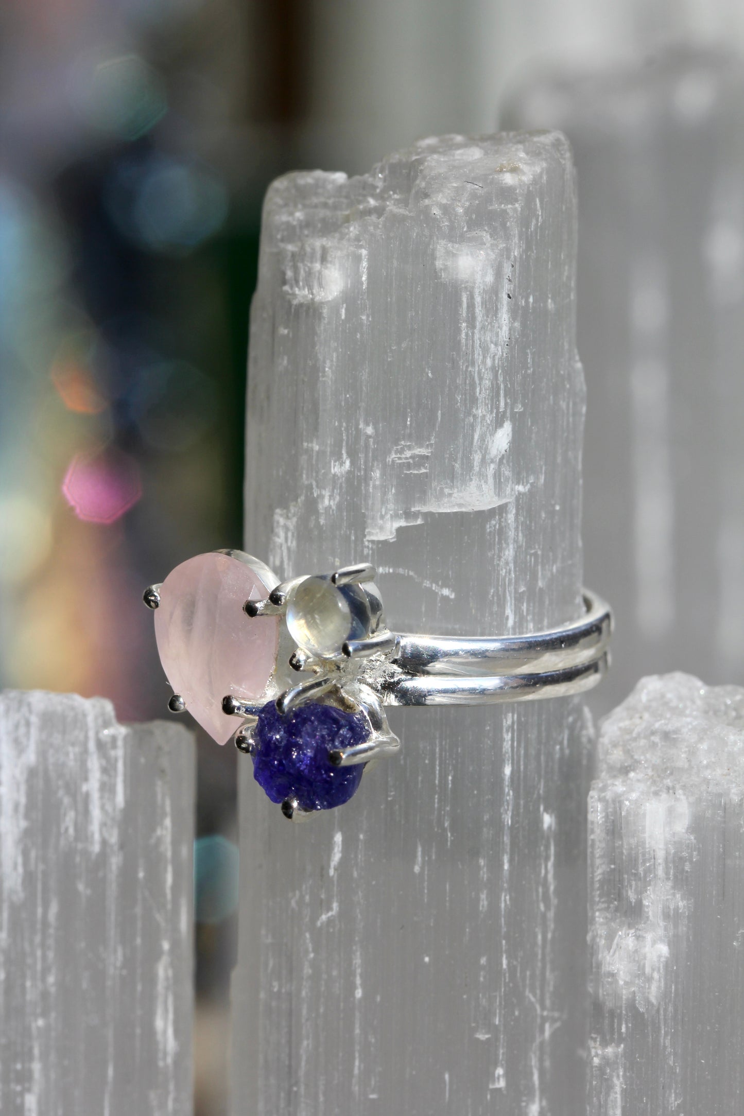 Rose Quartz Tanzanite Rainbow Moonstone Ring