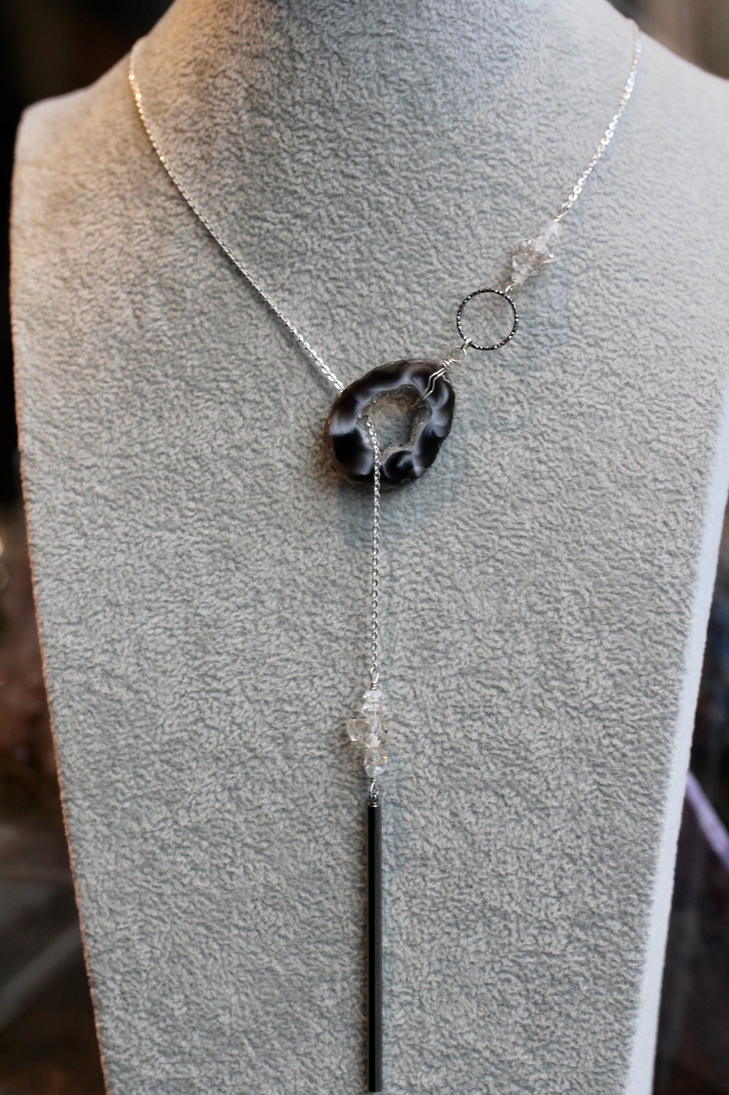 Agate Herkimer Diamond Silver Toggle Necklace