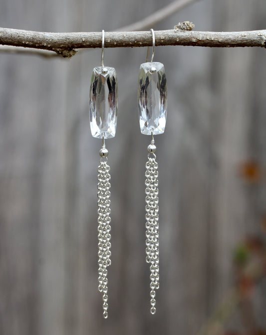 Quartz Baguette Silver Chain Fringe Earrings