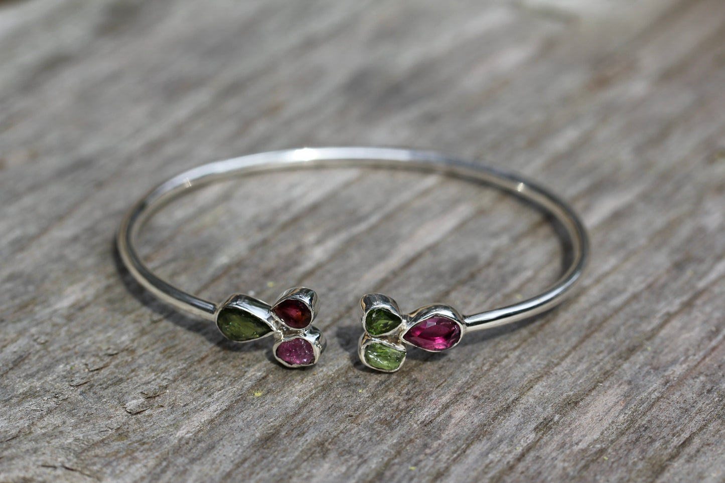 Pink and Green Tourmaline Cluster Silver Bracelet