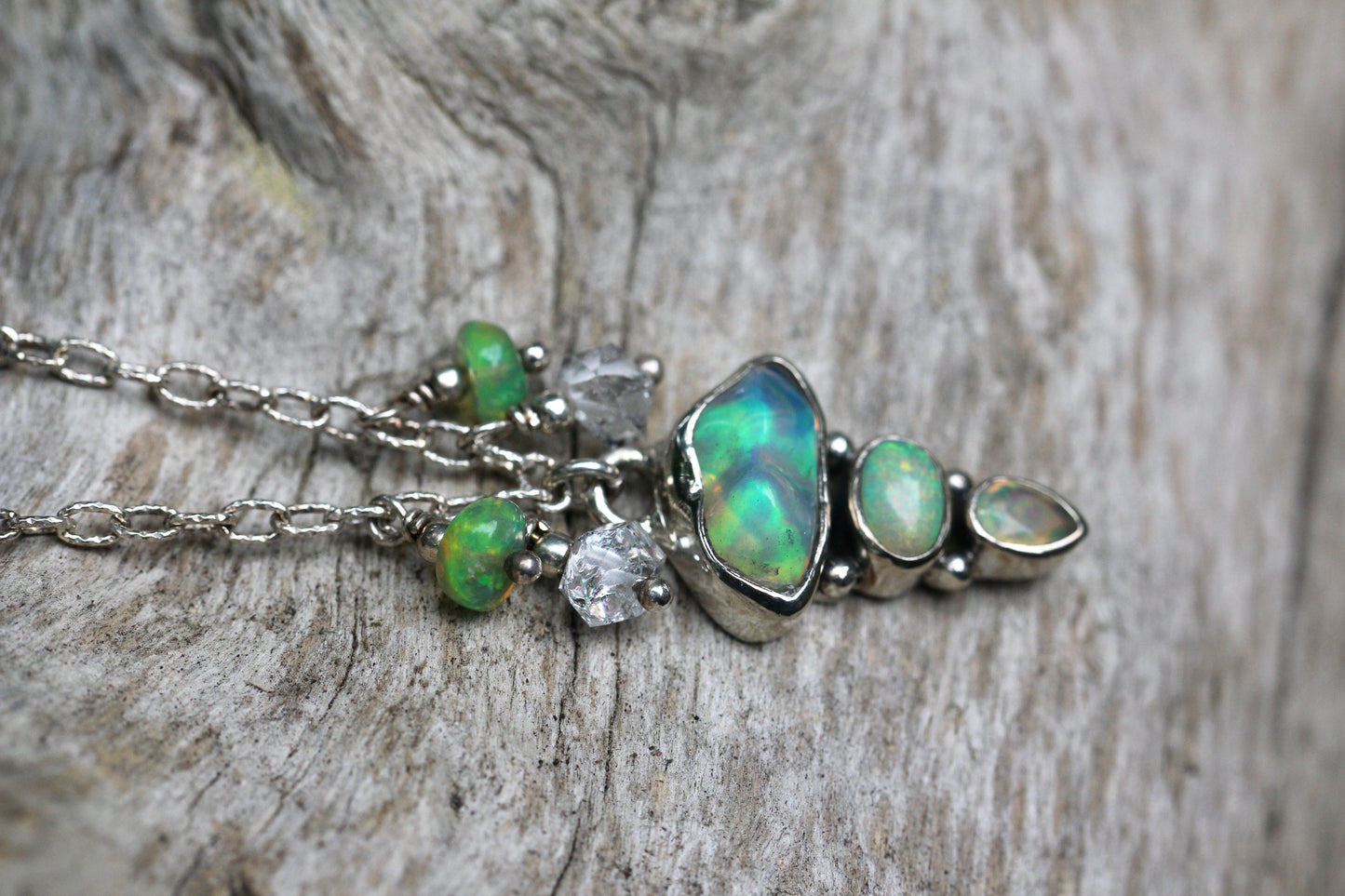 Ethiopian Opal Herkimer Diamond Droplet Silver Necklace