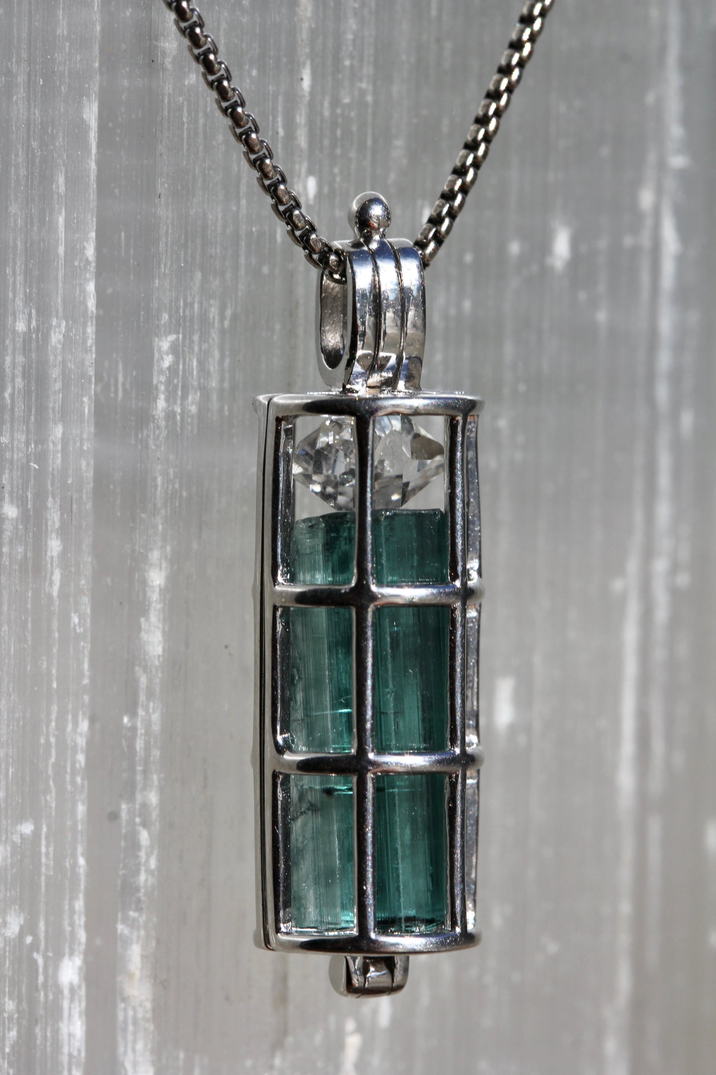 Indicolite Tourmaline Herkimer Diamond Cage Necklace