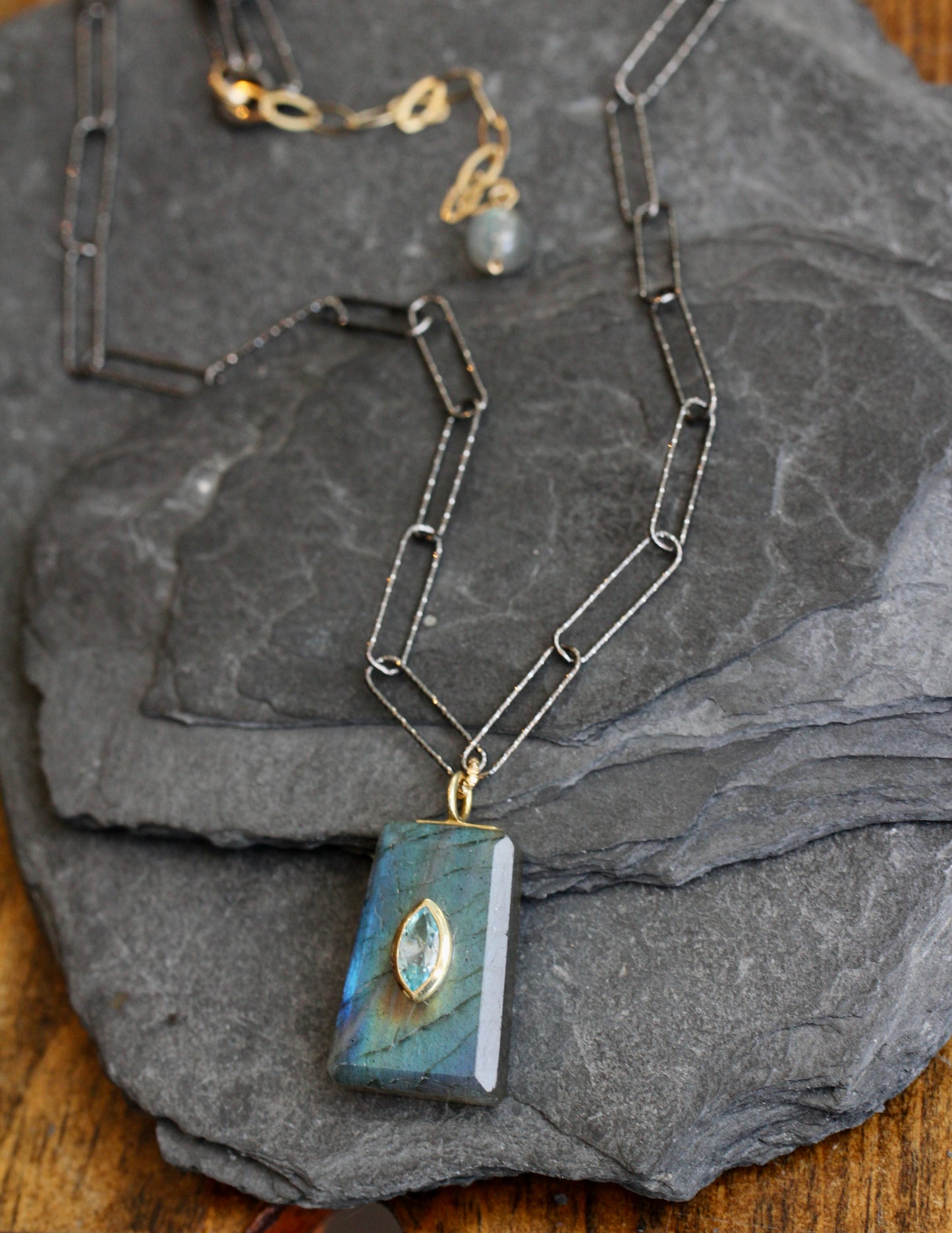 Labradorite Blue Topaz Encrusted Paperclip Chain Necklace