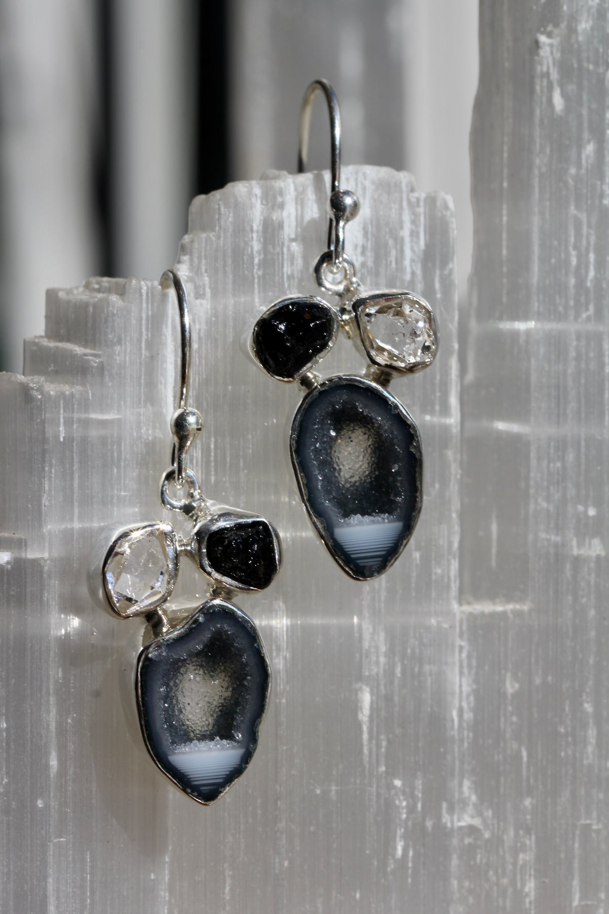 Geode Tourmaline Herkimer Earrings