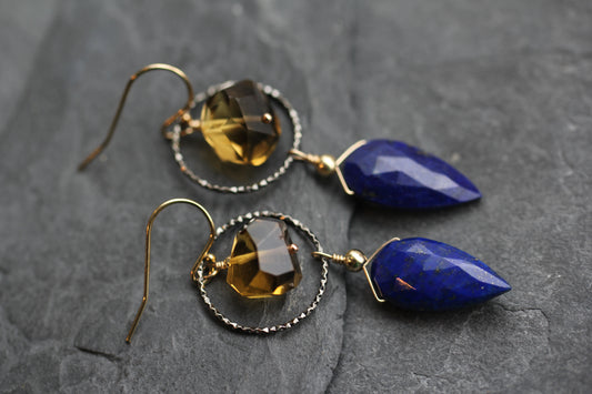 Lapis Beer Quartz Hoop Drop Earrings