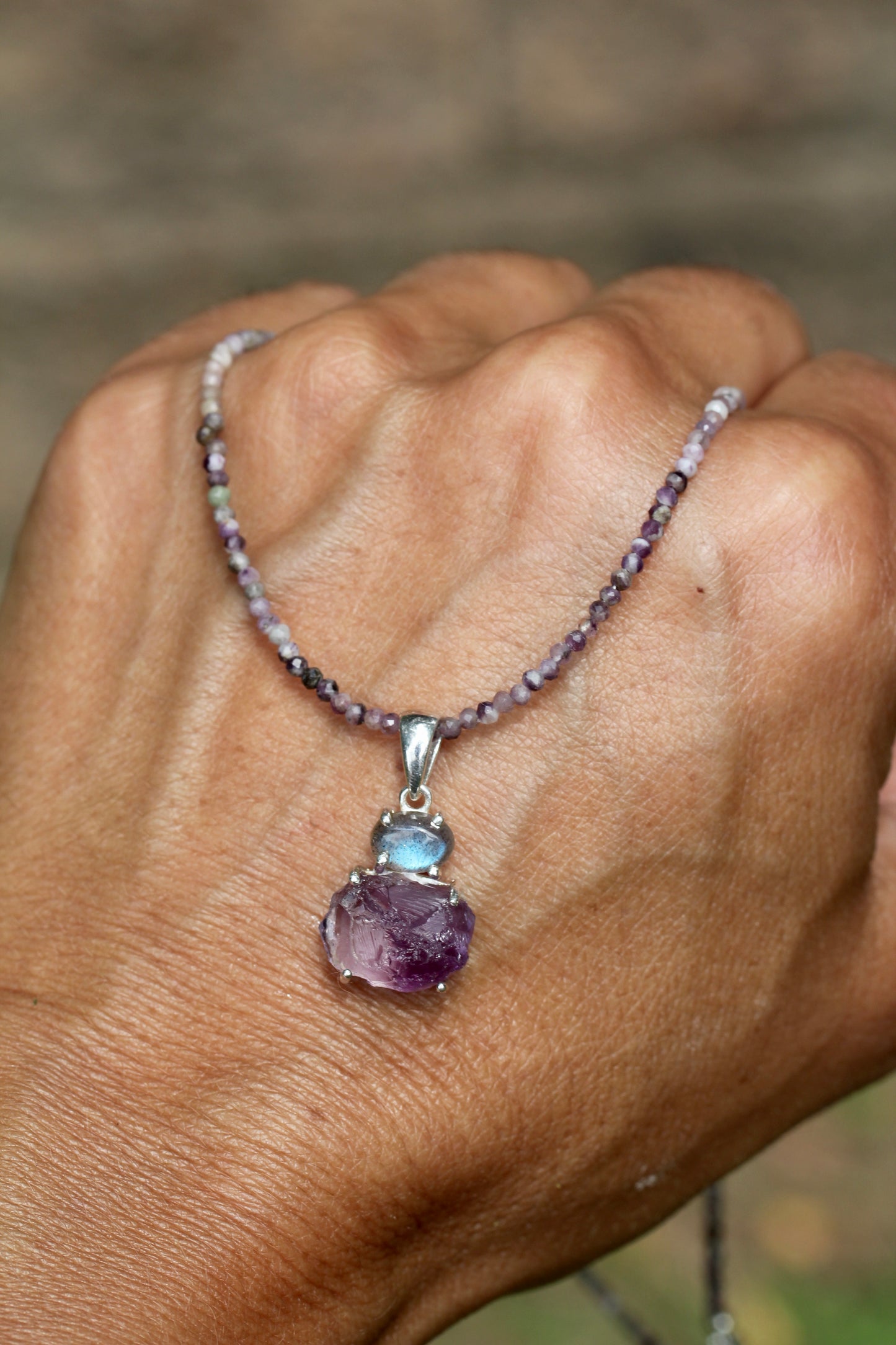 Rough Amethyst Labradorite Charoite Beaded Necklace