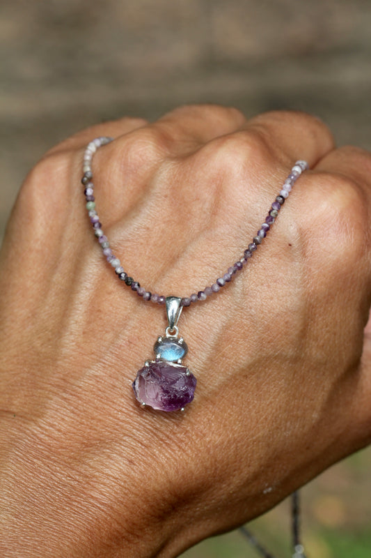 Rough Amethyst Labradorite Charoite Beaded Necklace