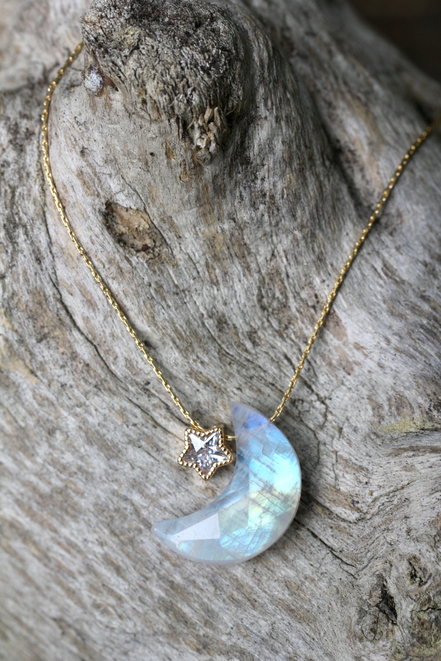 Rainbow Moonstone Moon Star Necklace
