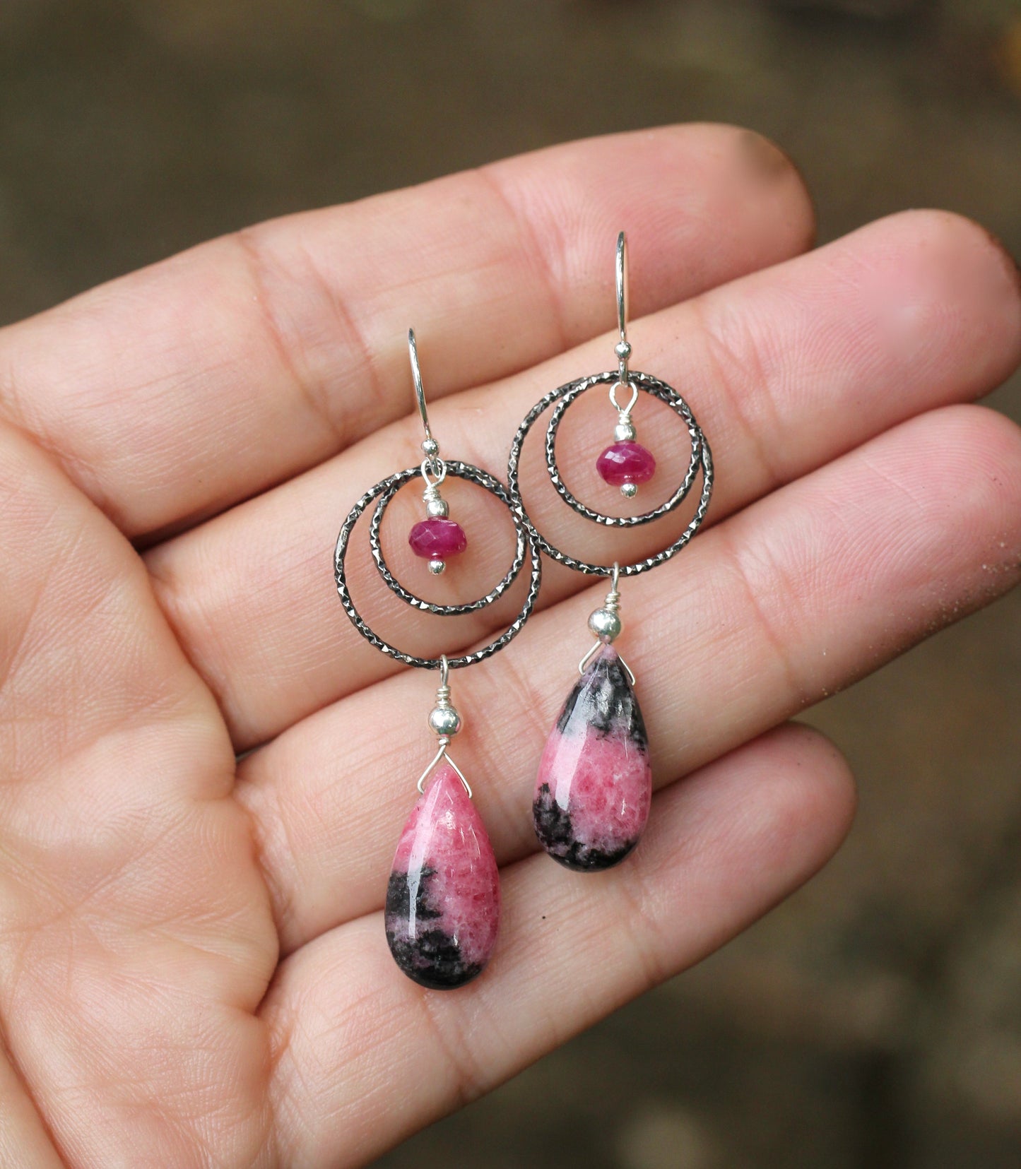Rhodonite Ruby Oxidized Silver Double Ring Drop Earrings