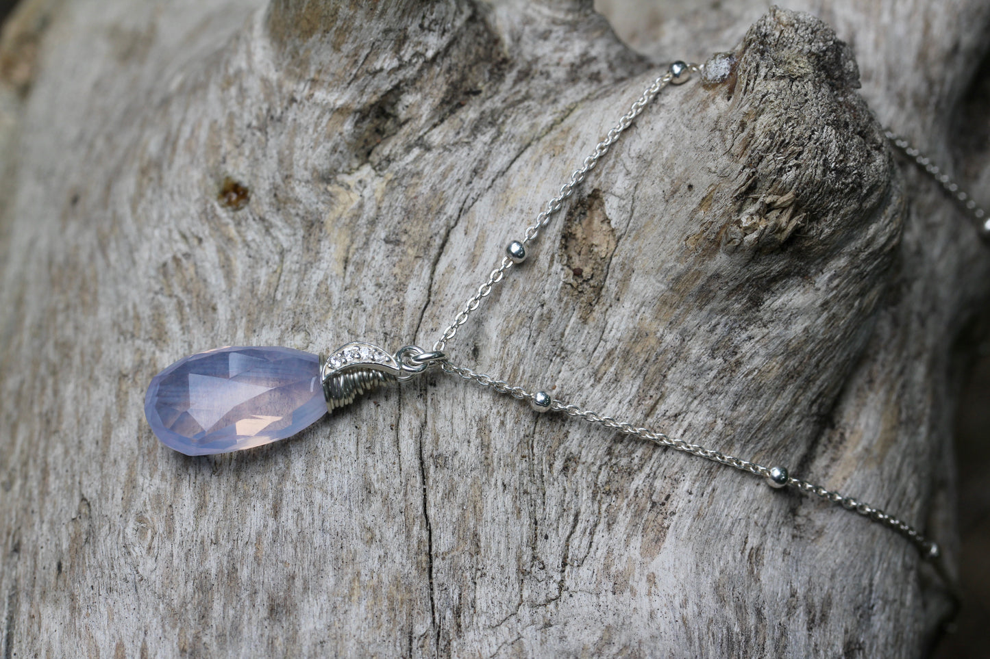 Lavender Quartz Crescent Moon Teardrop Necklace