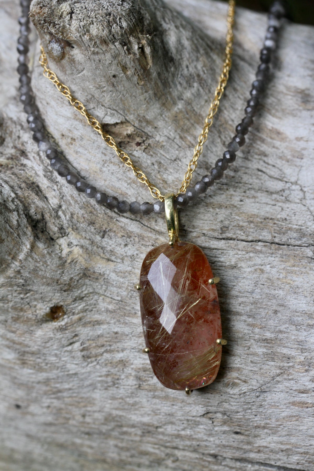 Rutilated Quartz Moonstone Beaded Chain Necklace