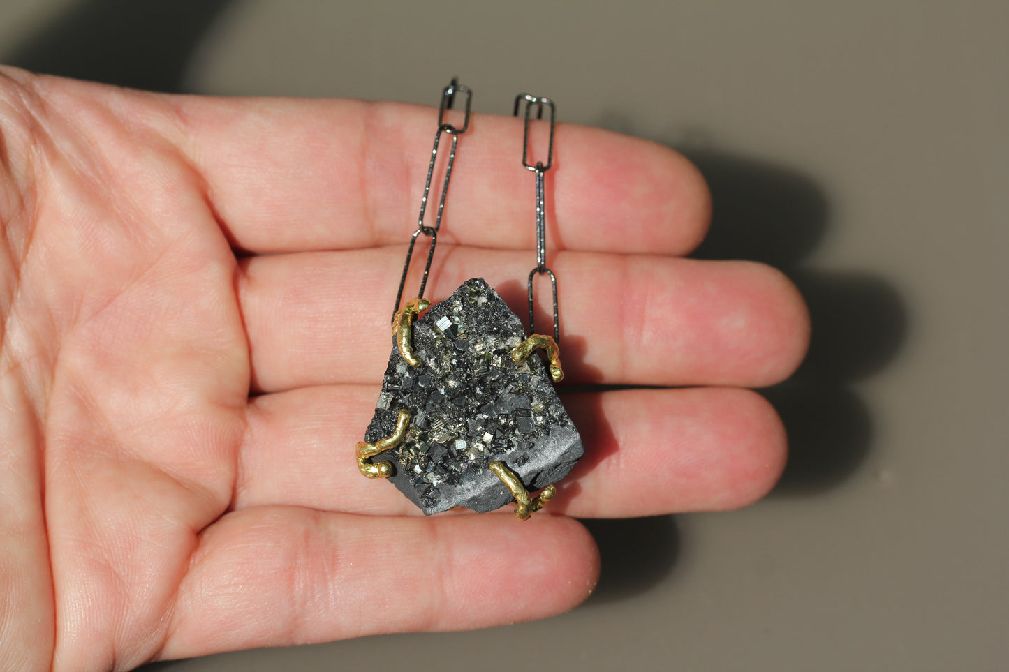 Pyrite in Basalt Black Paperclip Chain Necklace