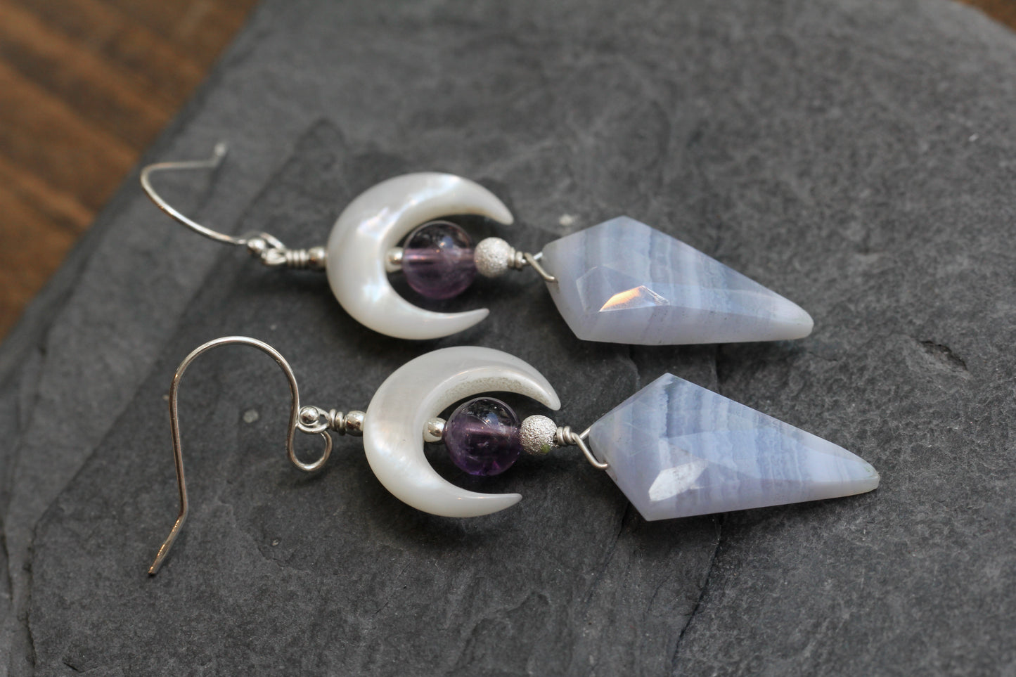 Blue Lace Agate Mother of Pearl Amethyst Crescent Moon Earrings