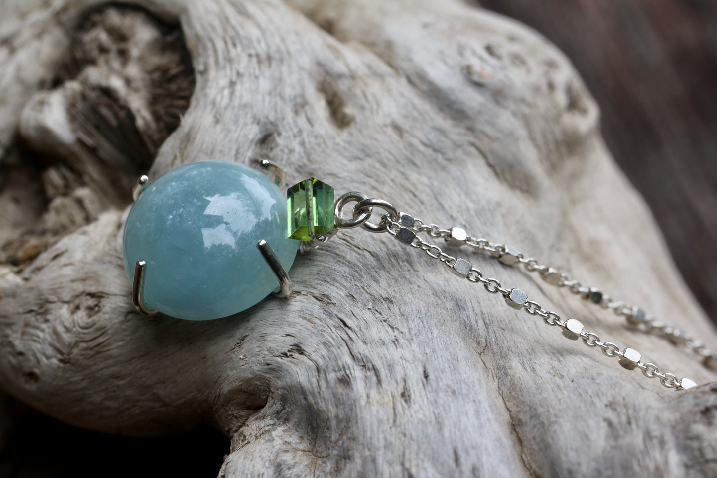 Aquamarine Green Tourmaline Cabochon Silver Necklace