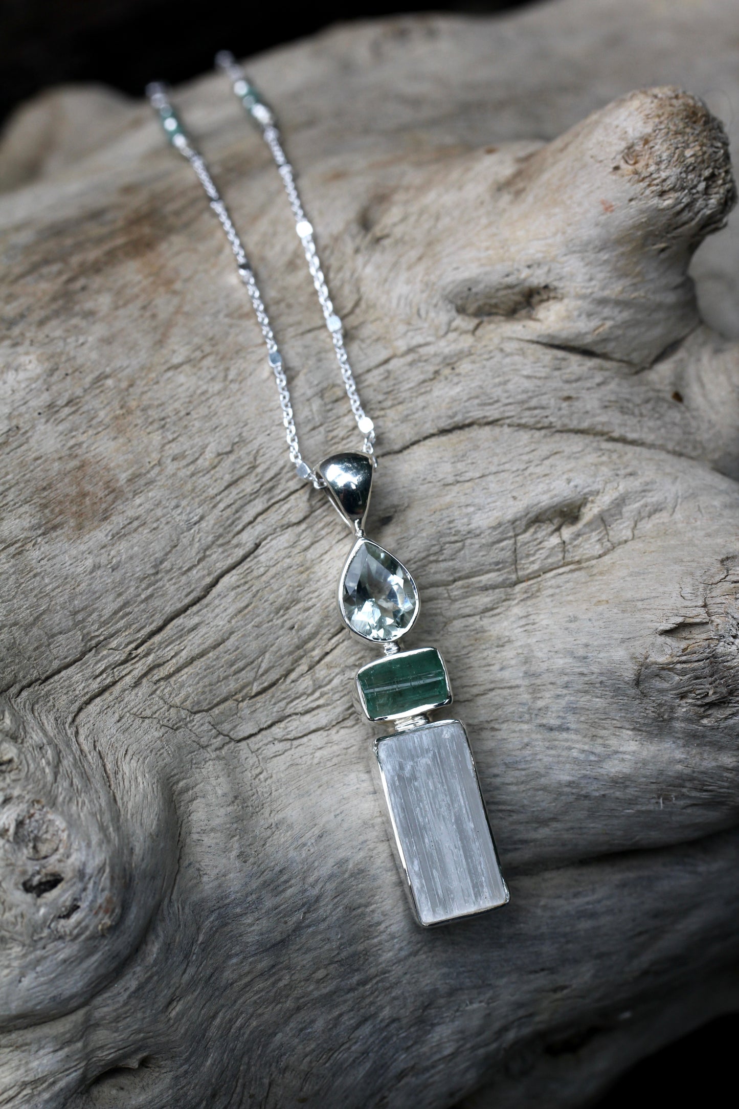 Selenite Tourmaline Prasiolite Necklace