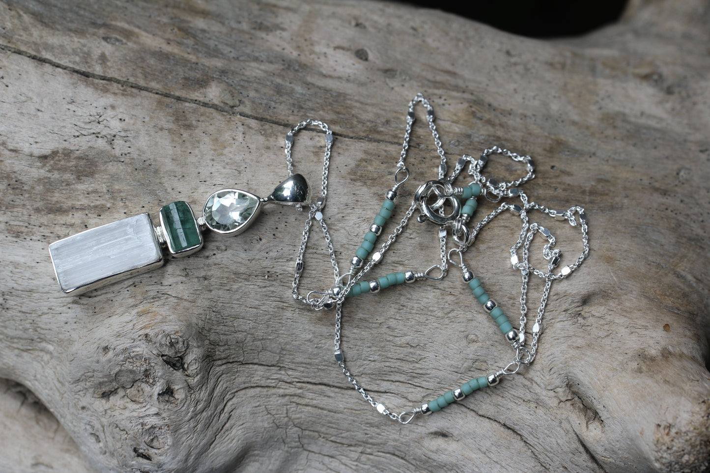 Selenite Tourmaline Prasiolite Necklace