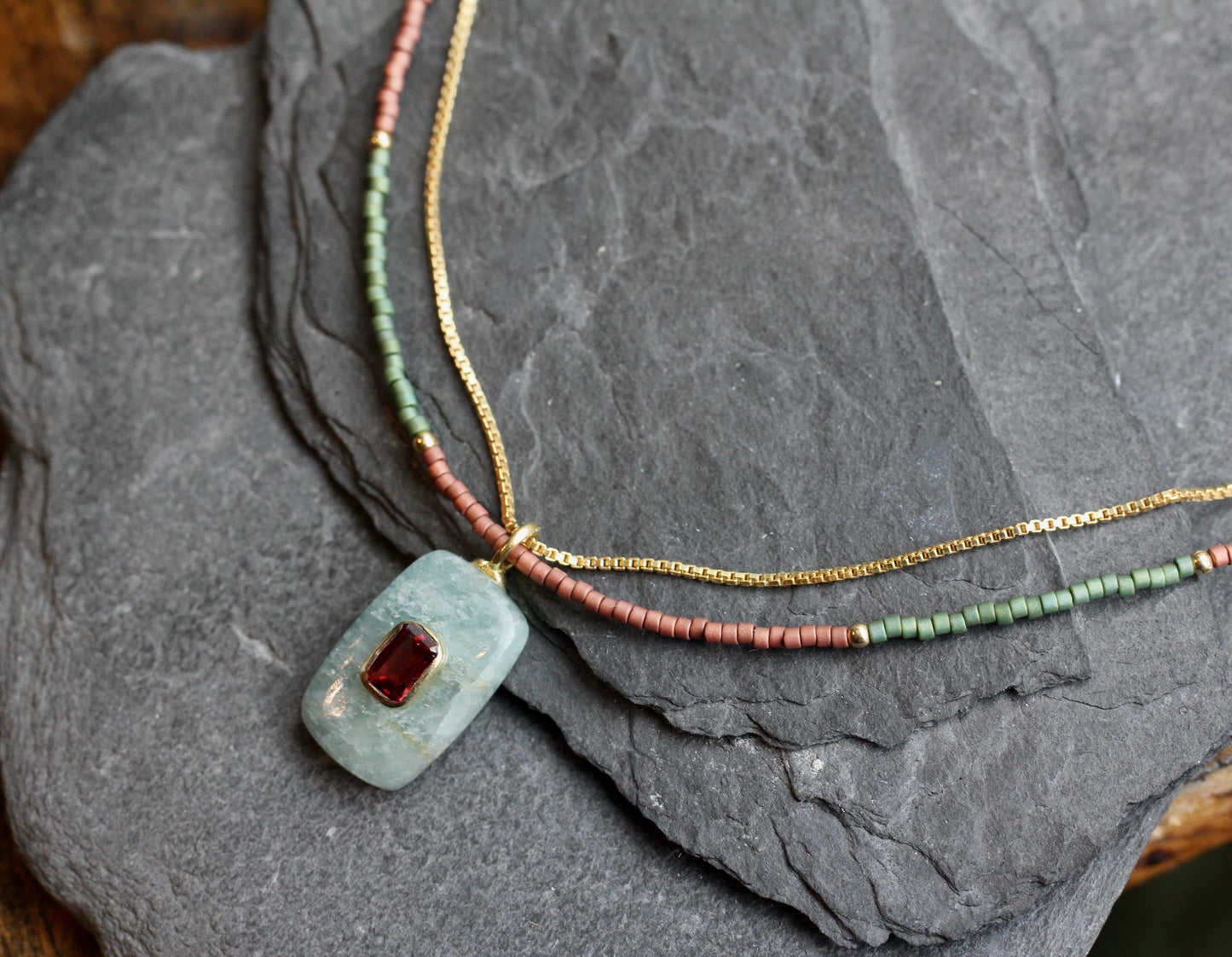 Aquamarine Garnet Beaded Gold Necklace