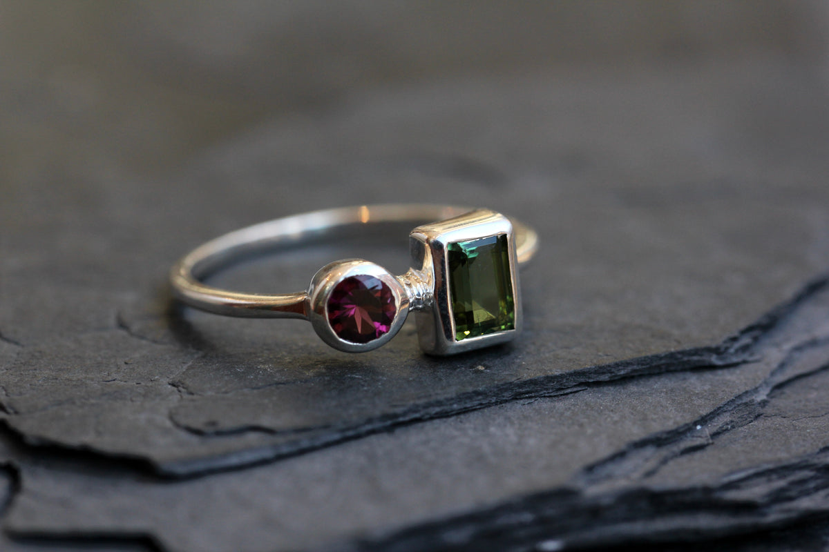 Pink and Green Tourmaline Silver Ring