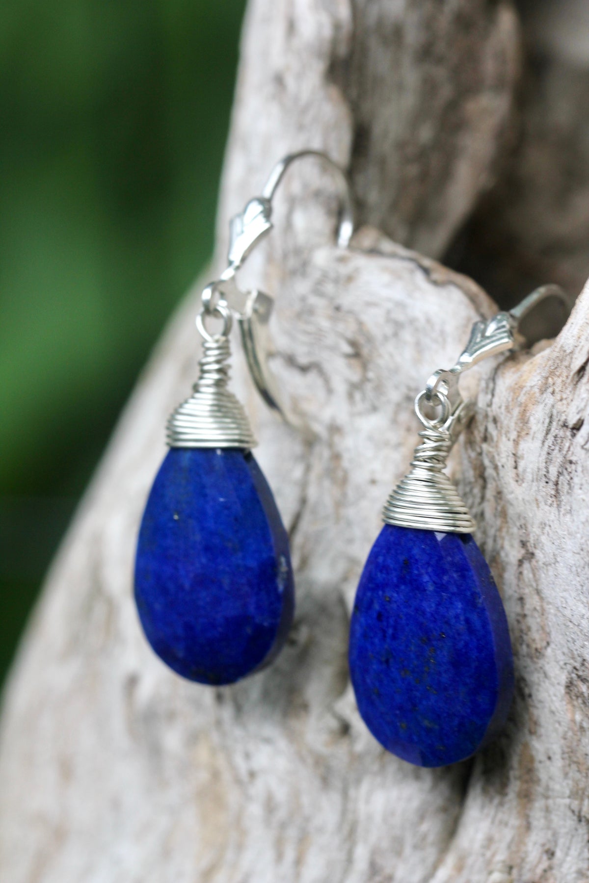 Lapis Teardrop Silver Wrap Earrings