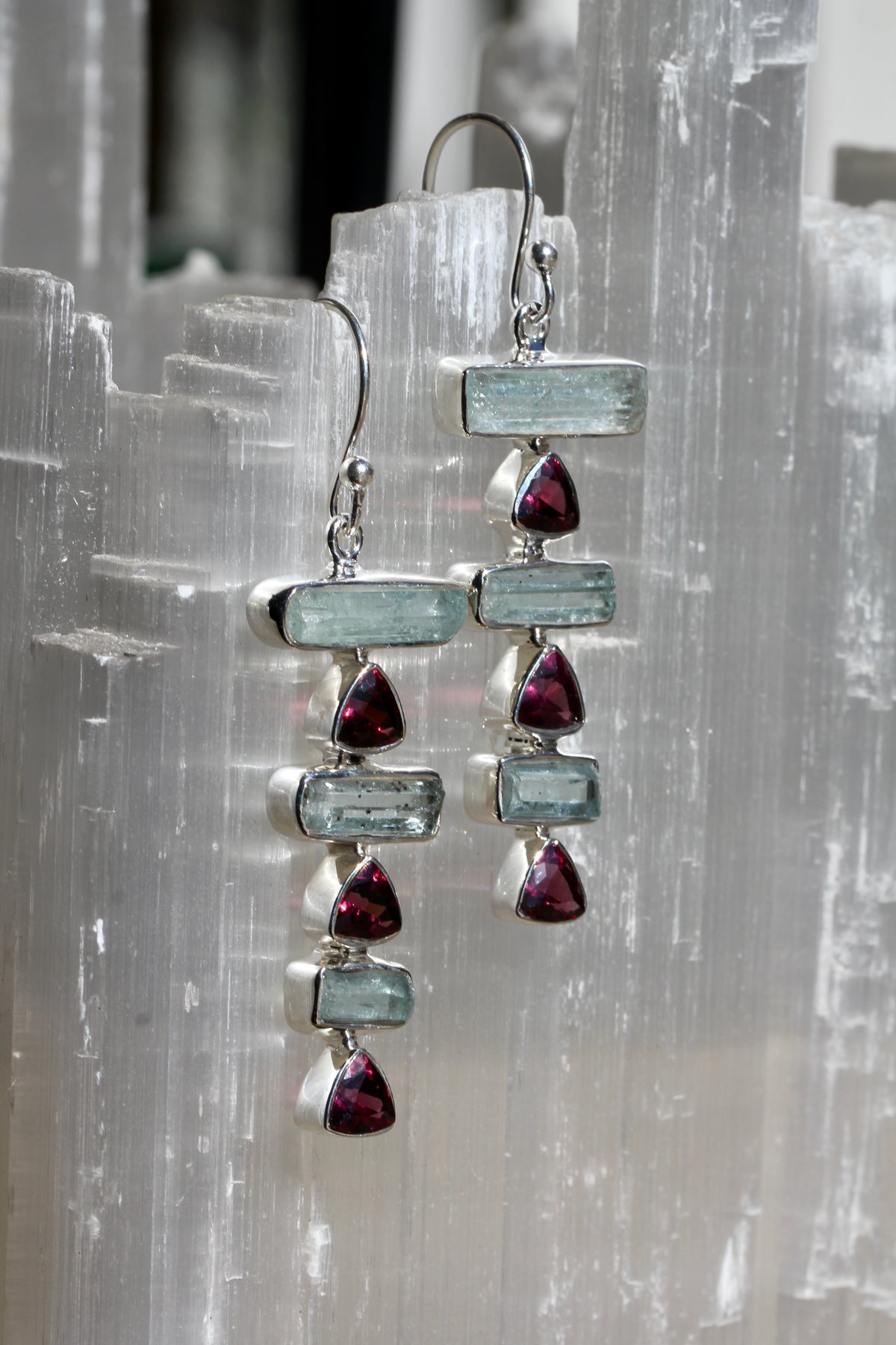 Aquamarine Crystal Garnet Stacked Earrings