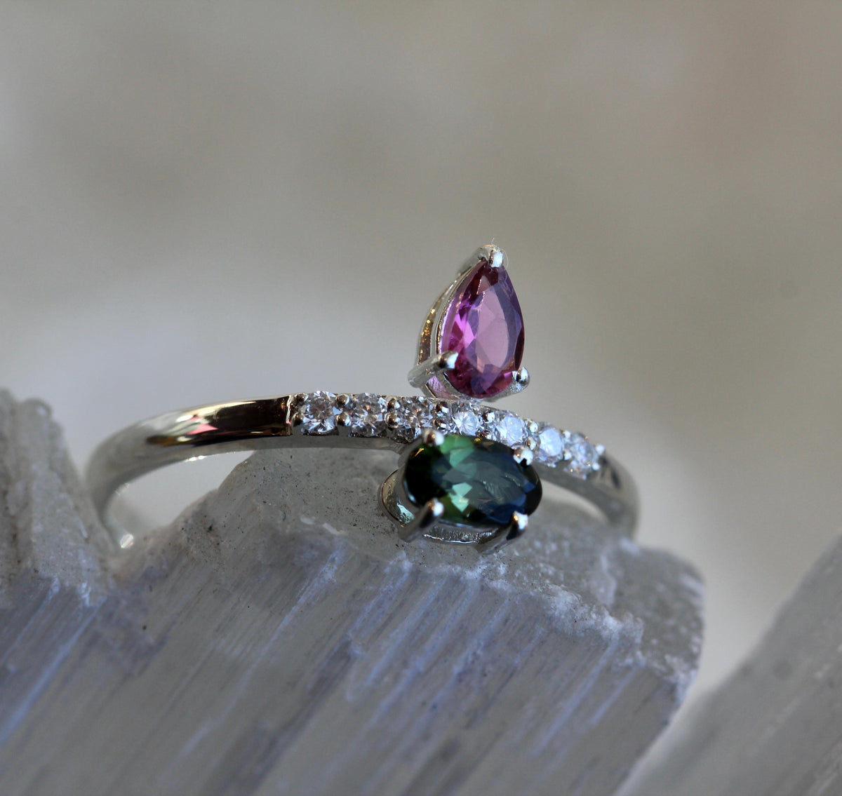 Pink and Green Tourmaline Moissanite Ring