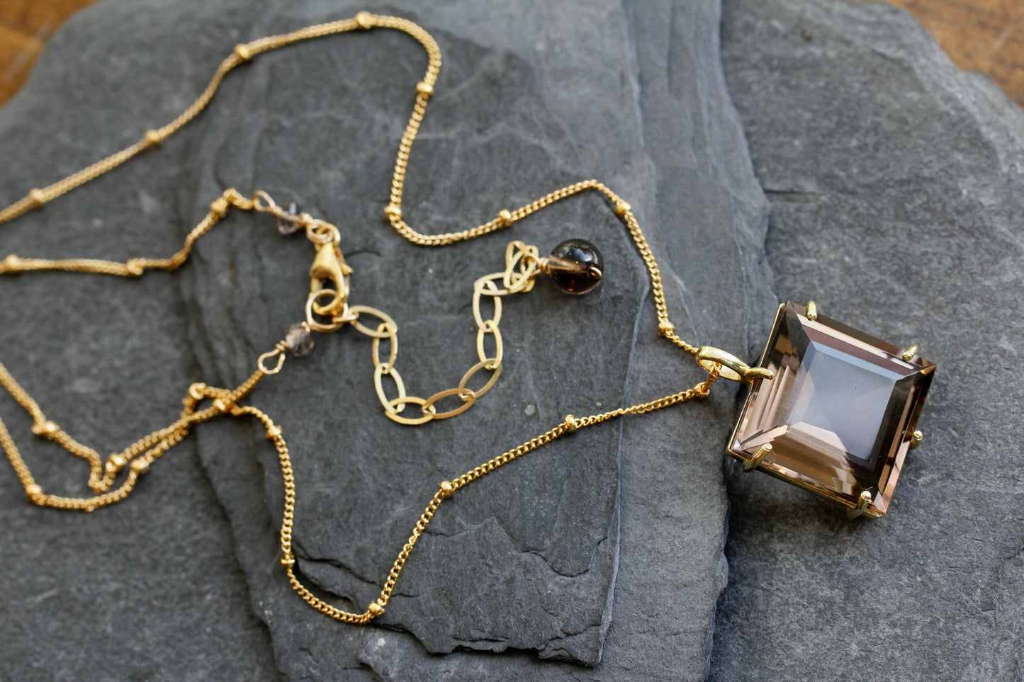 Smokey Quartz Princess Cut Gold Necklace