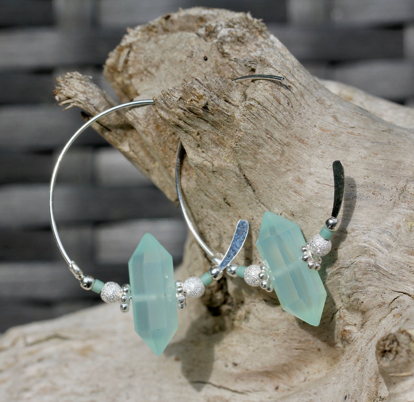 Aqua Chalcedony Crystal Point Hoops