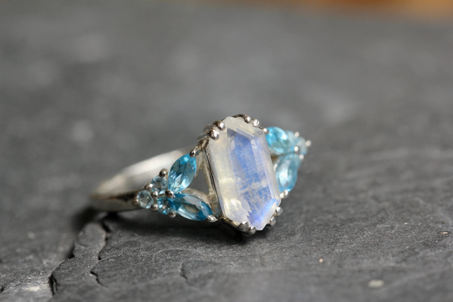 Rainbow Moonstone Blue Topaz Fairy Tale Ring