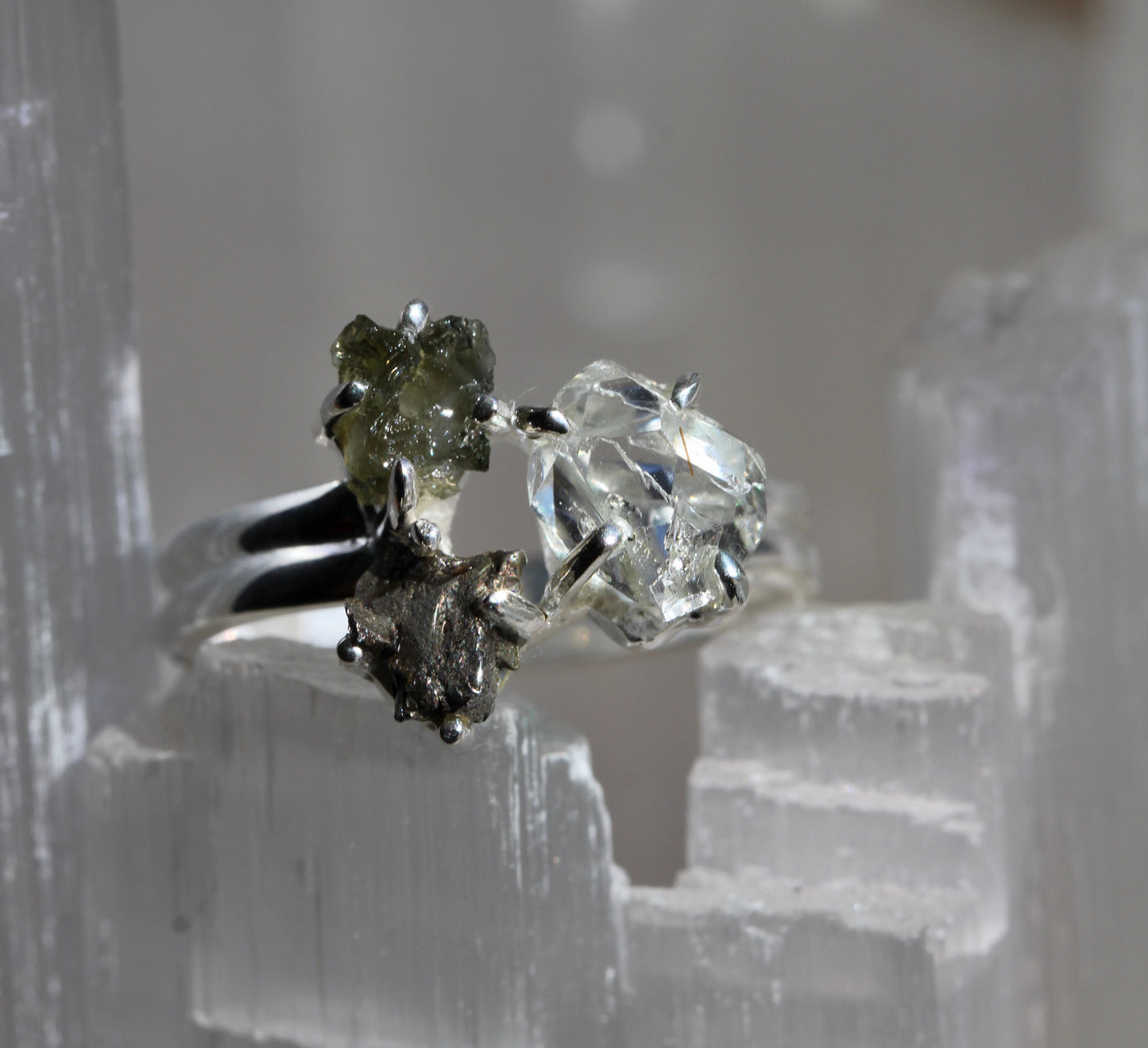 Moldavite Pakimer Diamond Meteorite Ring