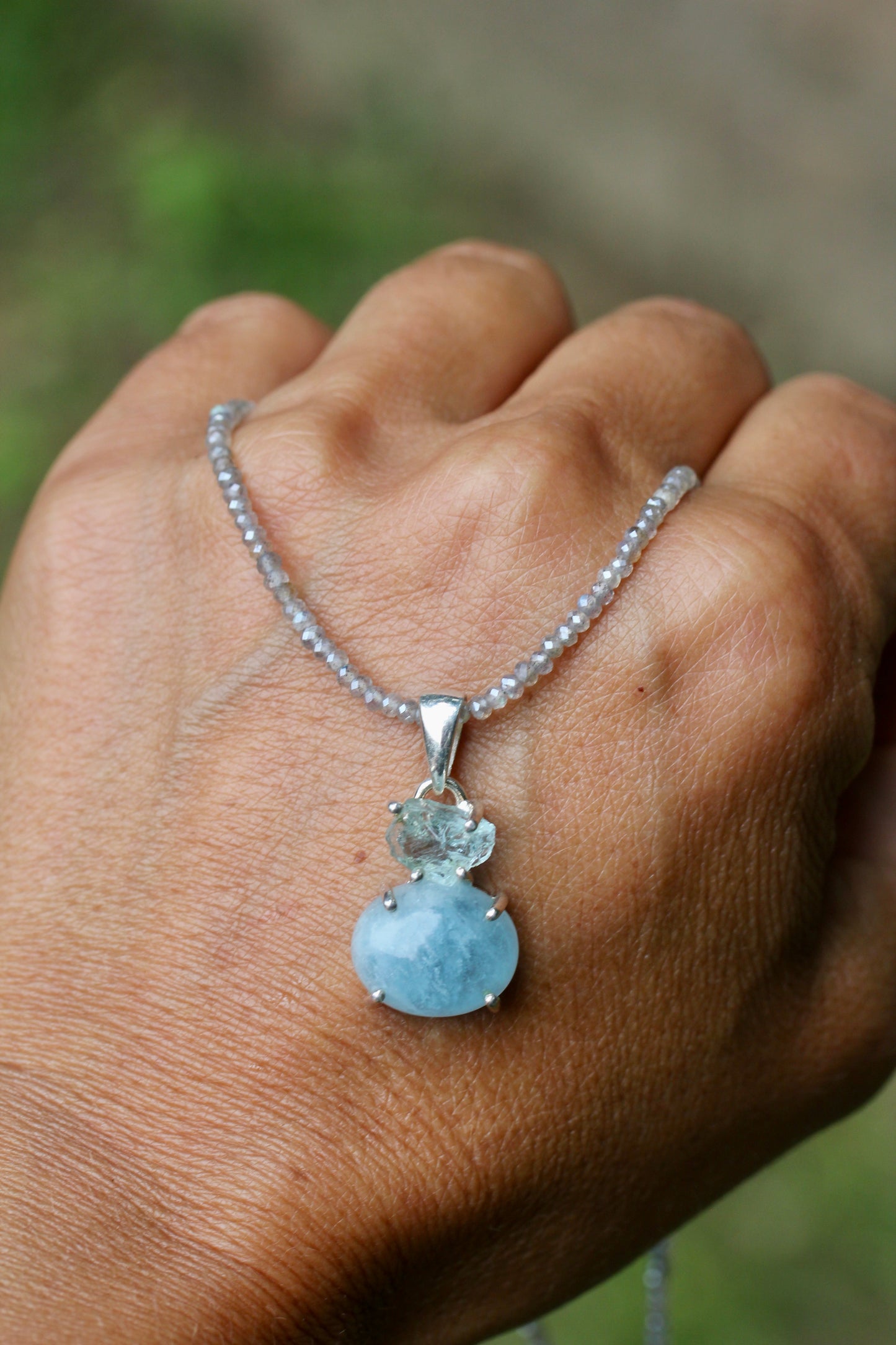 Aquamarine Labradorite Pendant Beaded Necklace