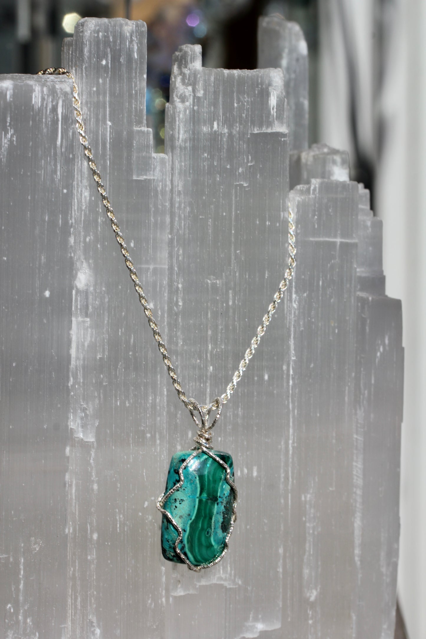 Chrysocolla Malachite Silver Wrap Pendant