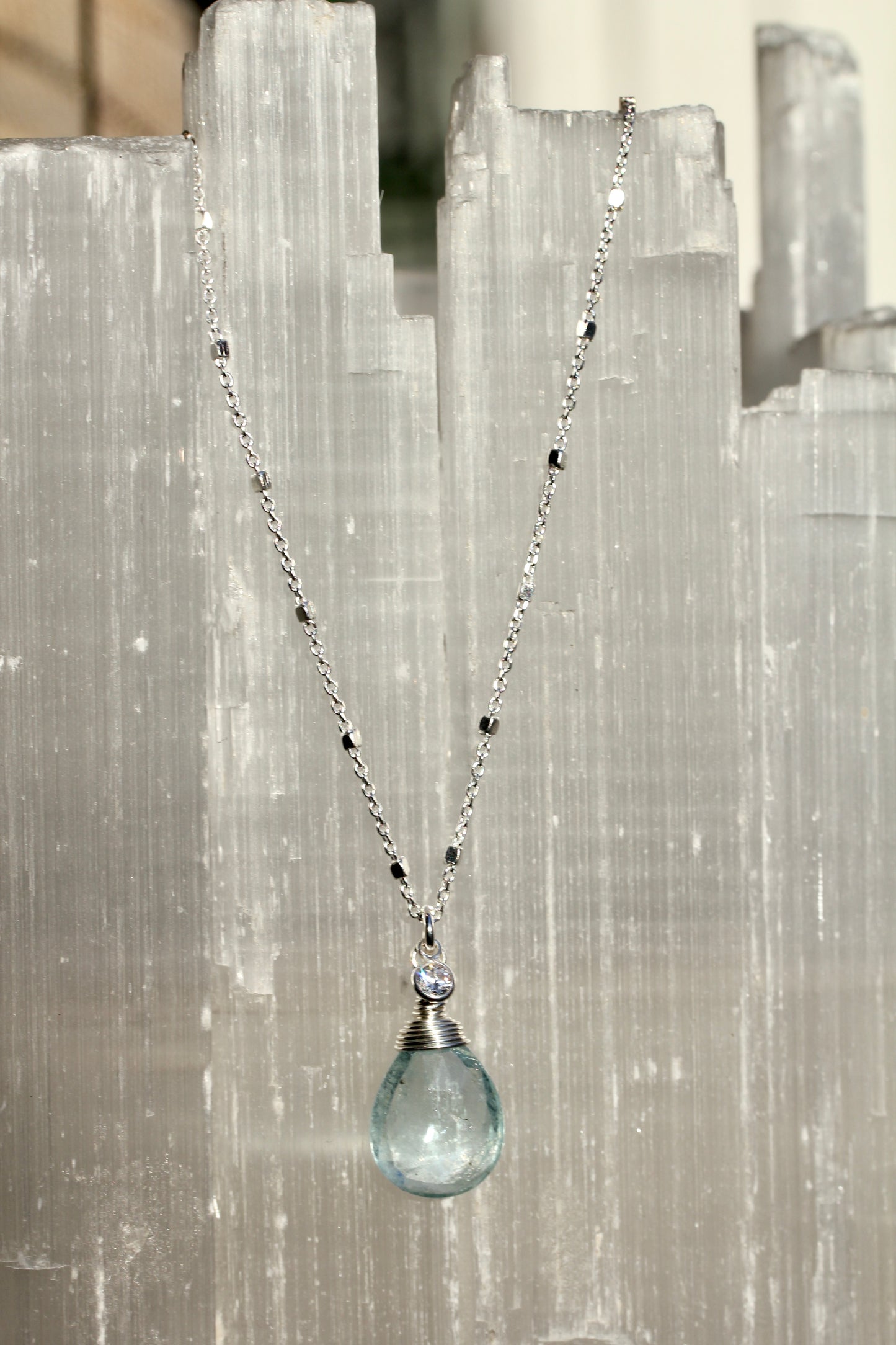 Aquamarine CZ Silver Teardrop Necklace