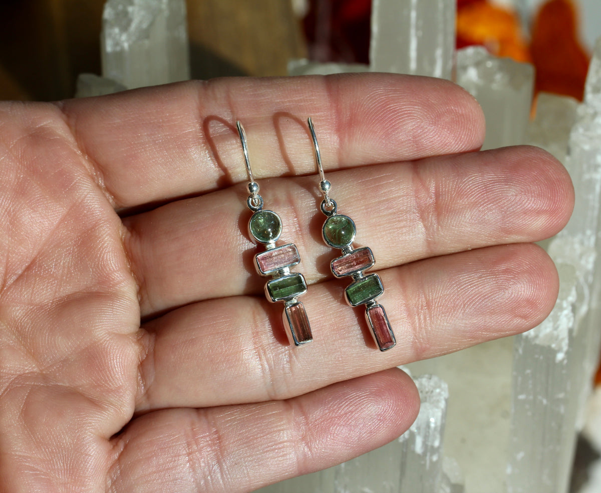 Pink and Green Tourmaline Crystal Earrings