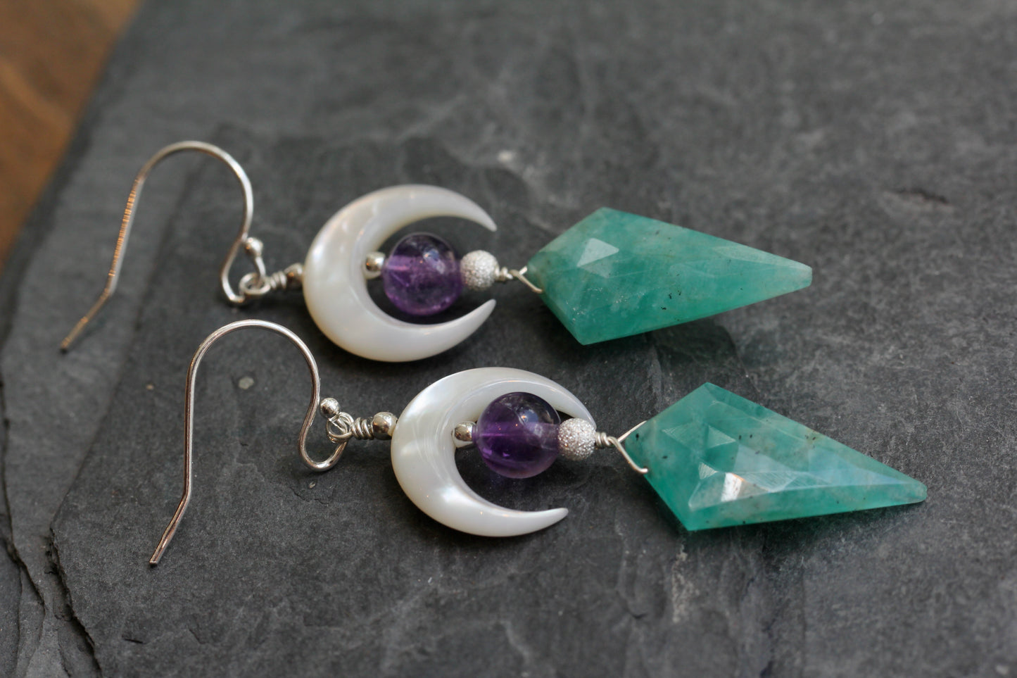 Amazonite Amethyst Mother of Pearl Moon Earrings