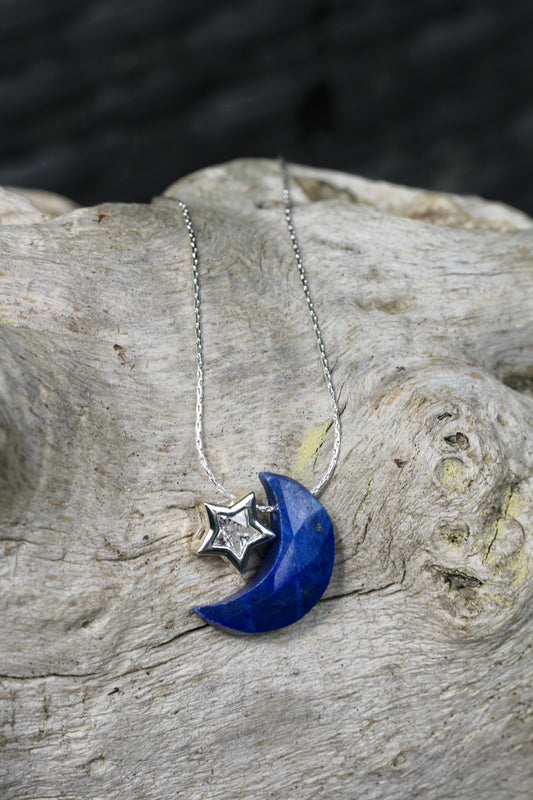 Lapis Moon CZ Silver Necklace