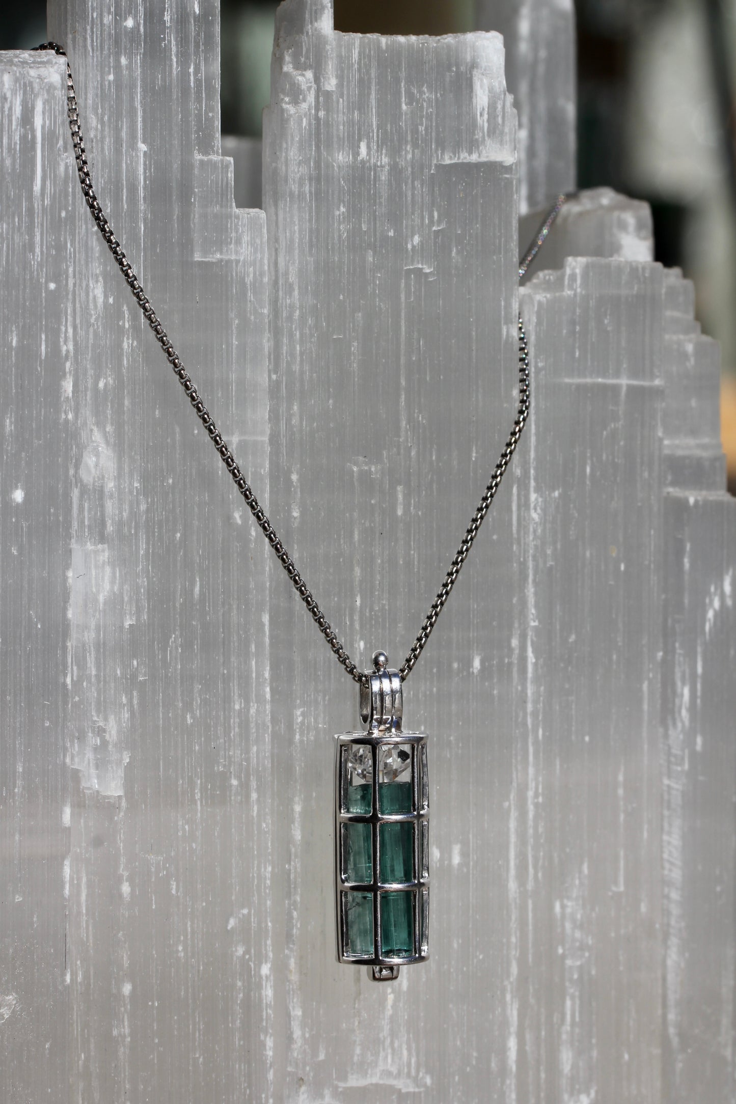 Indicolite Tourmaline Herkimer Diamond Cage Necklace